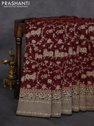 Banarasi georgette saree maroon and black with allover thread & zari weaves and woven border
