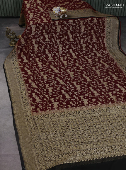 Banarasi georgette saree maroon and black with allover thread & zari weaves and woven border