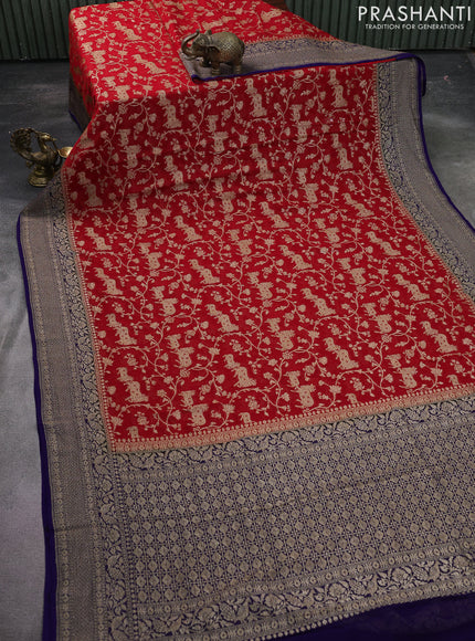 Banarasi georgette saree red and blue with allover thread & zari weaves and woven border