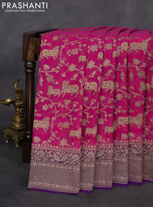 Banarasi georgette saree pink and violet with allover thread & zari weaves and woven border