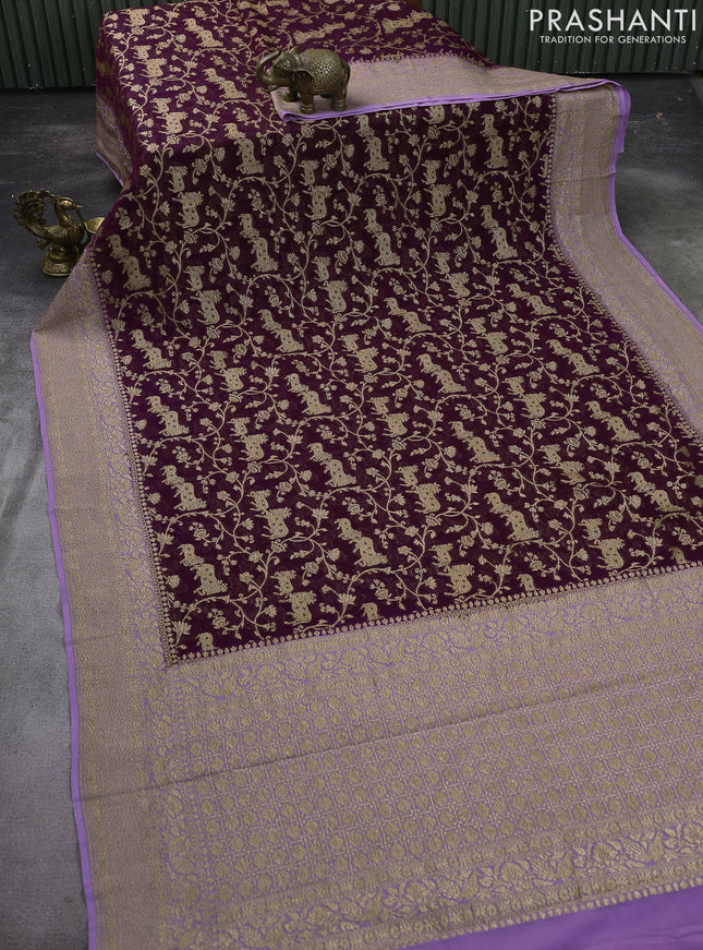 Banarasi georgette saree wine shade and lavender with allover thread & zari weaves and woven border