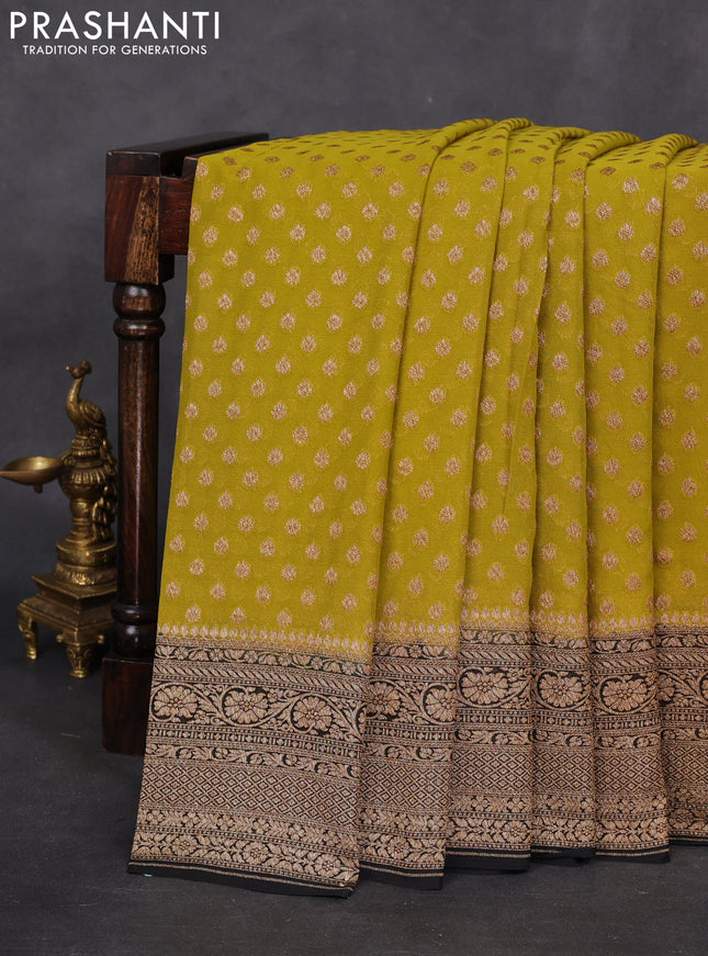 Banarasi georgette saree lime green and black with allover woven buttas and woven border