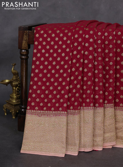 Banarasi georgette saree red and peach orange with allover woven buttas and woven border