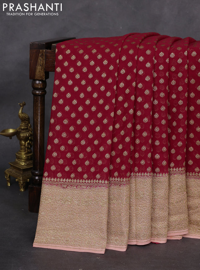 Banarasi georgette saree red and peach orange with allover woven buttas and woven border