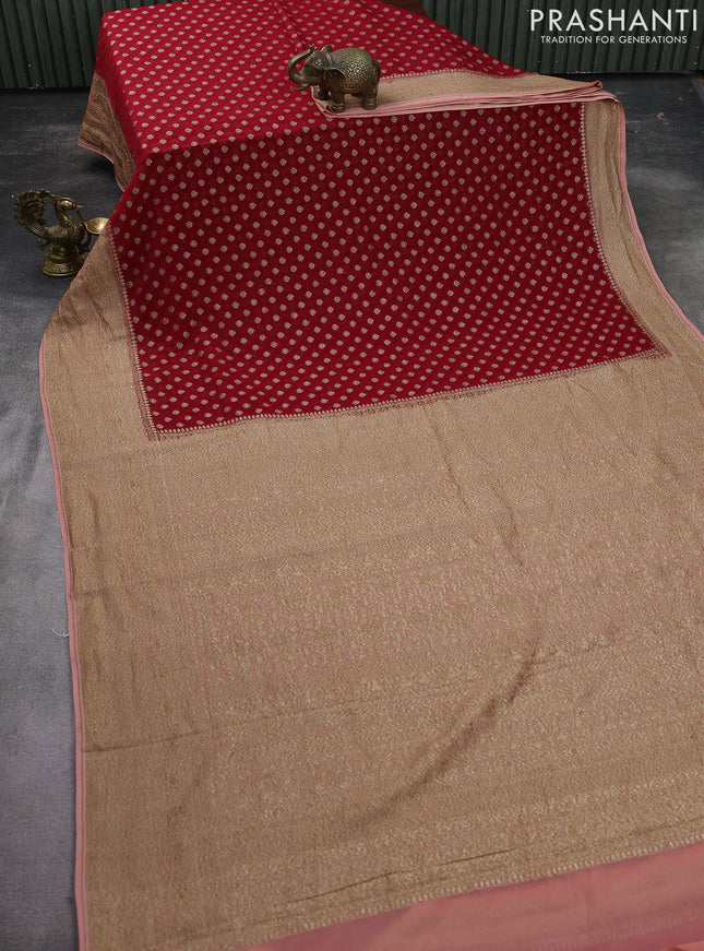 Banarasi georgette saree red and peach orange with allover woven buttas and woven border