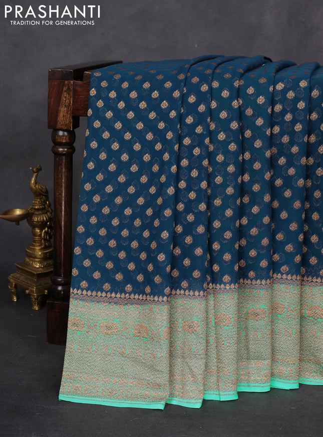 Banarasi georgette saree peacock blue and teal blue with allover woven buttas and woven border