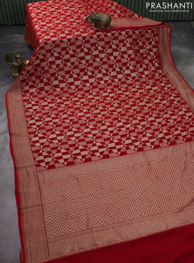 Banarasi georgette saree red with allover geometric weaves and woven border