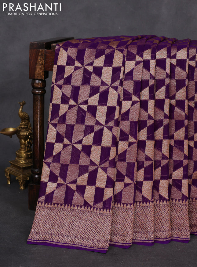 Banarasi georgette saree violet with allover geometric weaves and woven border