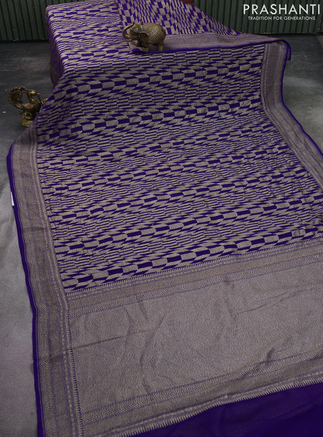 Banarasi georgette saree blue with allover thread & zari geometric weaves and woven border