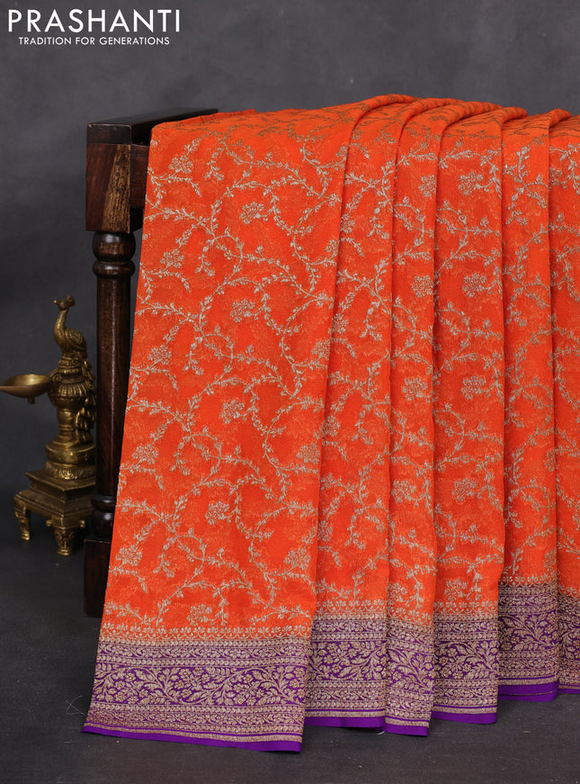 Banarasi georgette saree orange and purple with allover thread & zari weaves and woven border