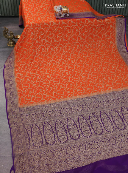 Banarasi georgette saree orange and purple with allover thread & zari weaves and woven border