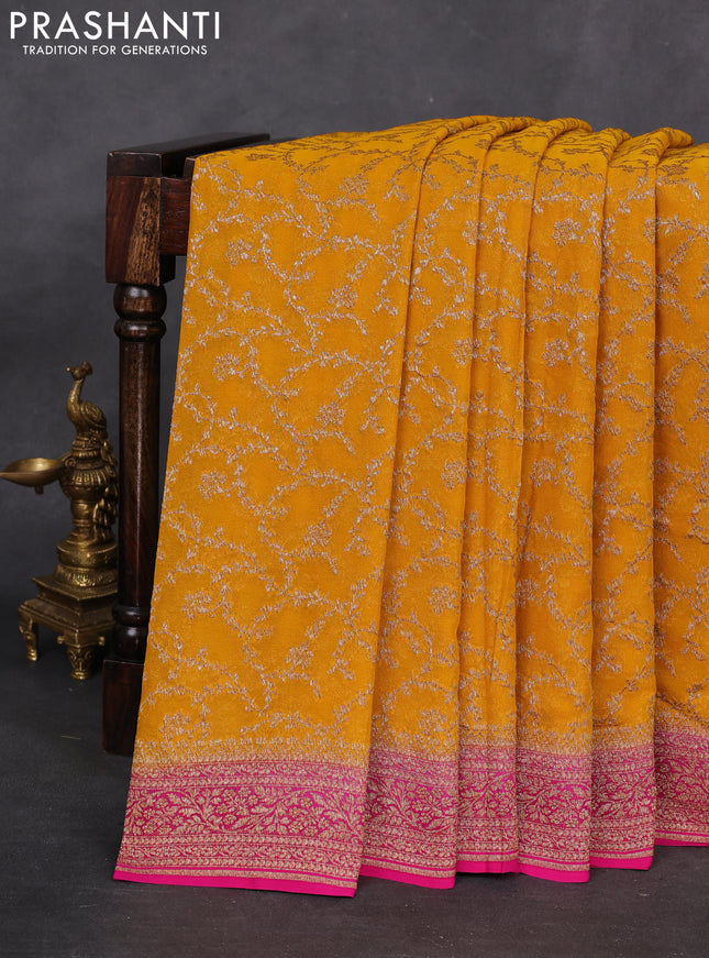 Banarasi georgette saree mustard yellow and pink with allover thread & zari weaves and woven border