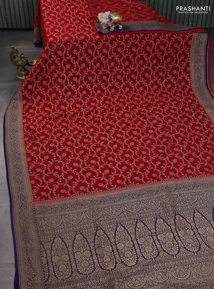 Banarasi georgette saree red and violet with allover thread & zari weaves and woven border