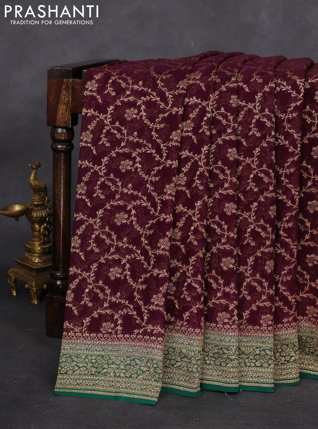 Banarasi georgette saree wine shade and green with allover thread & zari weaves and woven border