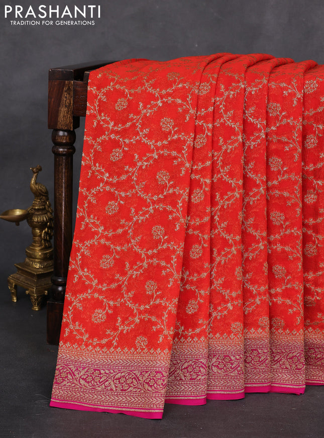 Banarasi georgette saree orange and pink with allover thread & zari weaves and woven border
