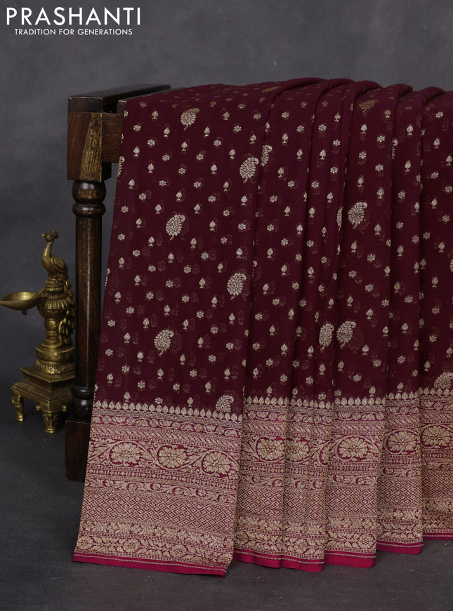 Banarasi georgette saree wine shade and pink with allover woven buttas and woven border