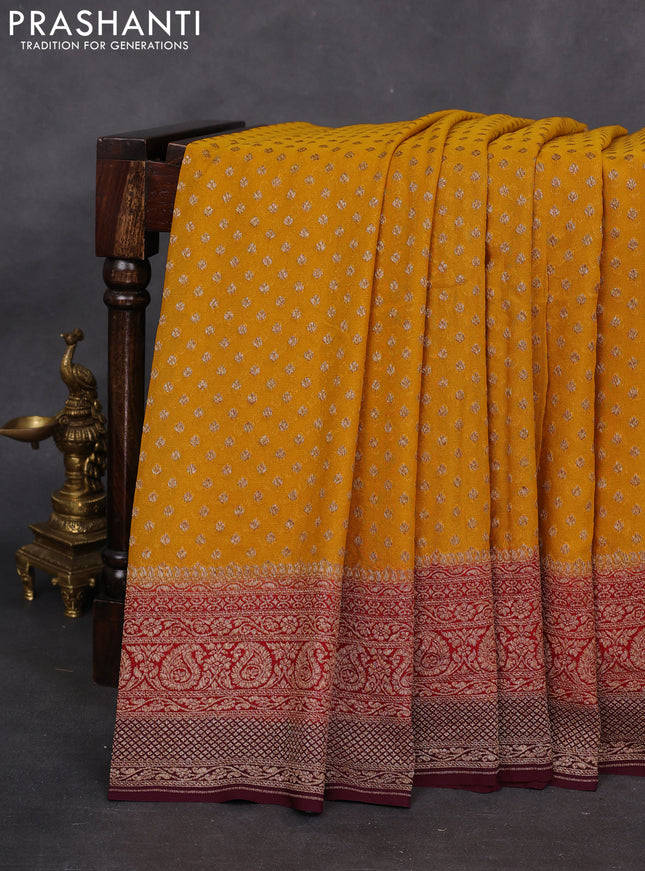 Banarasi georgette saree mustard yellow and red wine shade with allover woven buttas and woven border