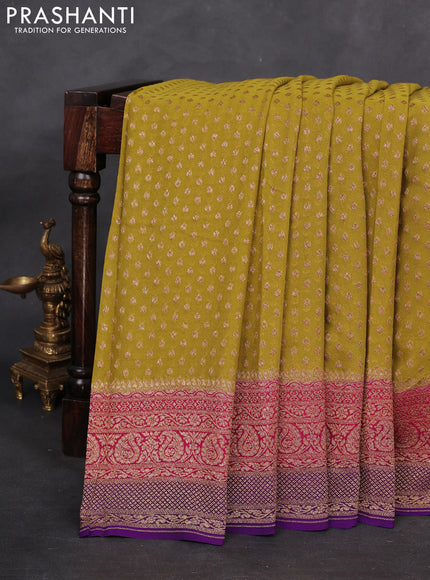 Banarasi georgette saree lime green and pink violet with allover woven buttas and woven border
