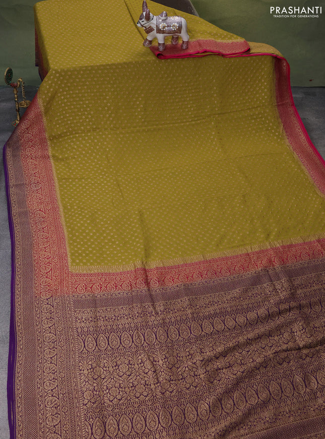 Banarasi georgette saree lime green and pink violet with allover woven buttas and woven border