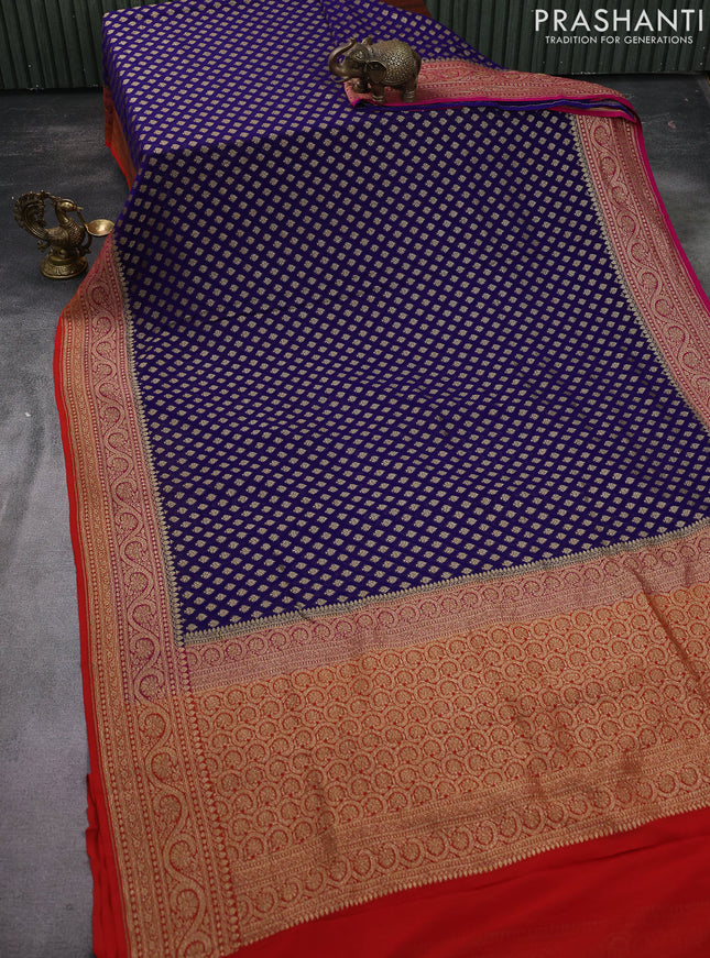 Banarasi georgette saree blue and pink orange with allover woven buttas and woven border
