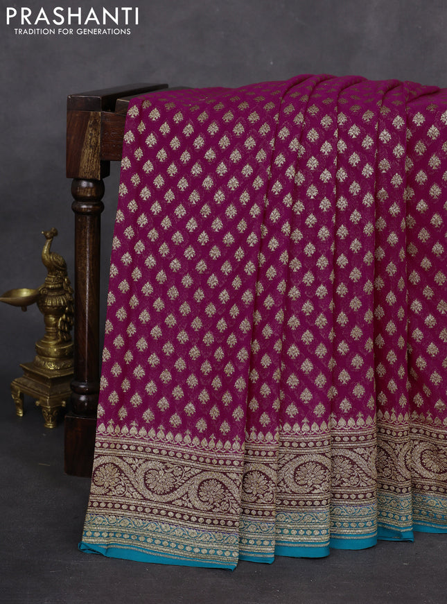 Banarasi georgette saree pink and brown teal blue with allover woven buttas and woven border