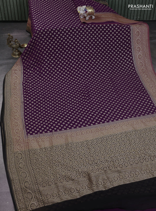 Banarasi georgette saree violet and dark mustard black with allover woven buttas and woven border