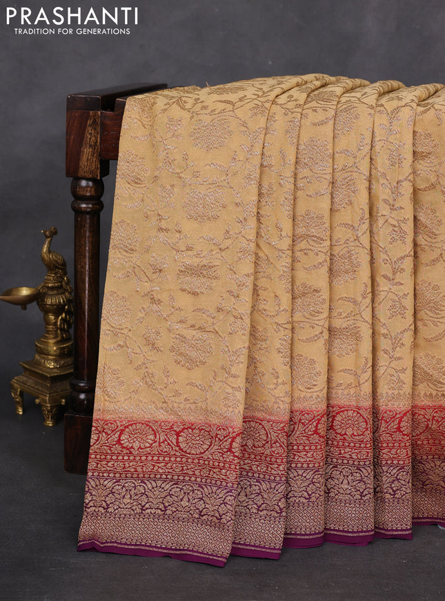 Banarasi georgette saree sandal and deep purple with allover thread & zari weaves and woven border