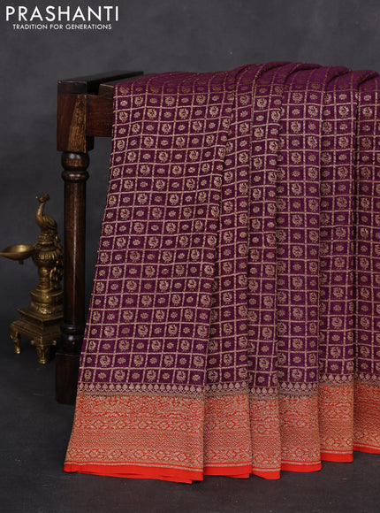 Banarasi georgette saree purple and orange with allover checked pattern & buttas and woven border