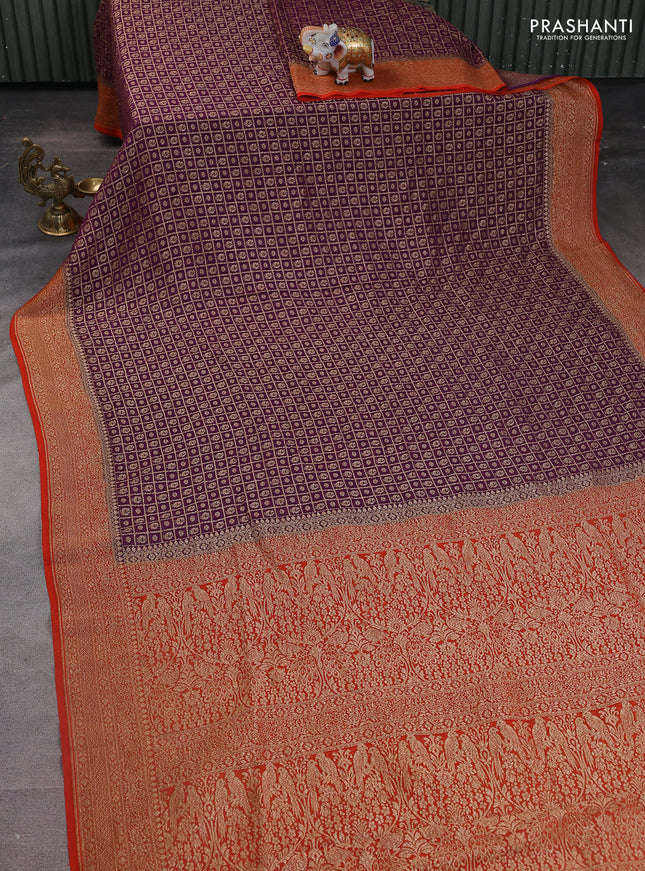Banarasi georgette saree purple and orange with allover checked pattern & buttas and woven border