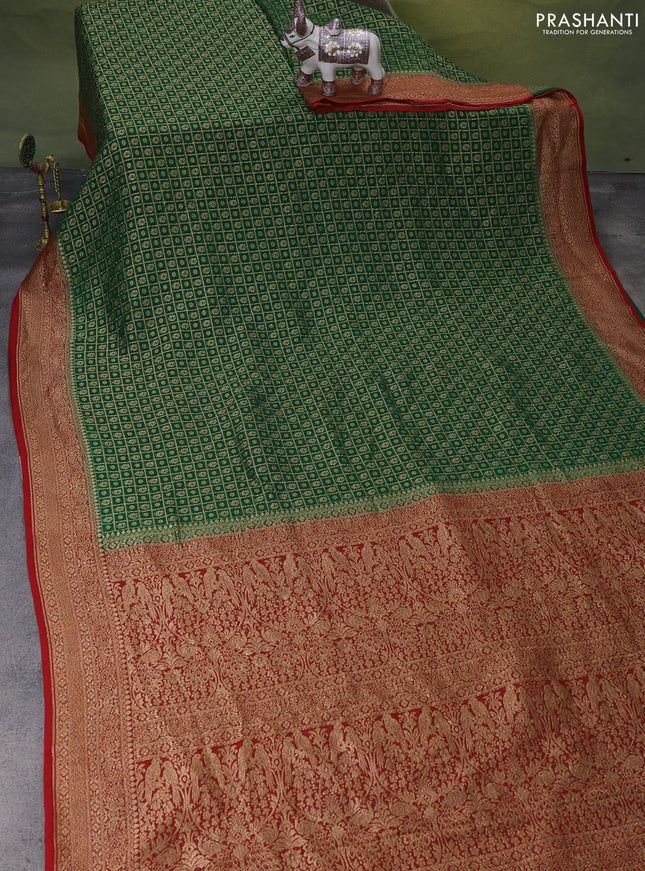 Banarasi georgette saree green and red with allover checked pattern & buttas and woven border