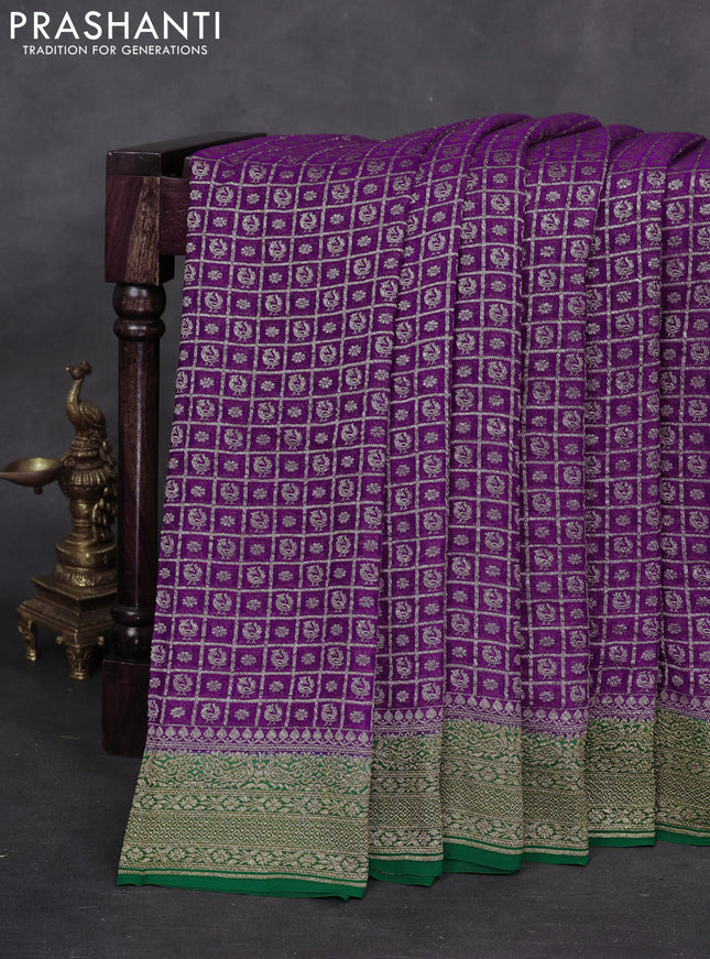 Banarasi georgette saree violet and green with allover checked pattern & buttas and woven border