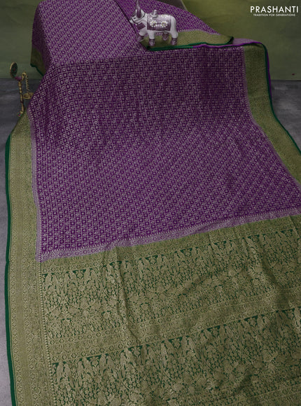 Banarasi georgette saree violet and green with allover checked pattern & buttas and woven border