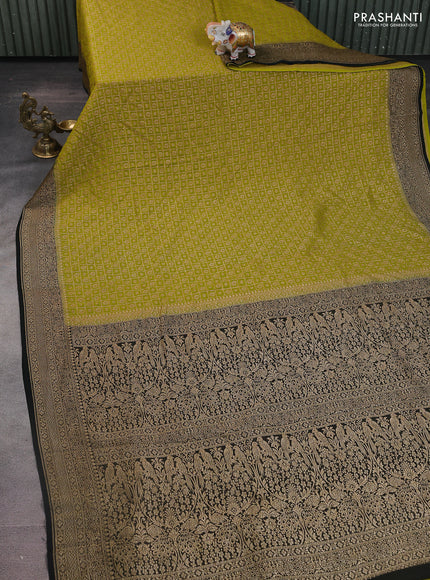 Banarasi georgette saree lime green and black with allover checked pattern & buttas and woven border