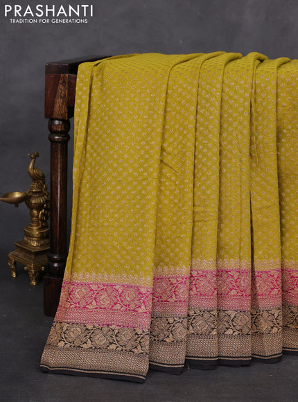 Banarasi georgette saree lime green and pink black with allover woven buttas and woven border
