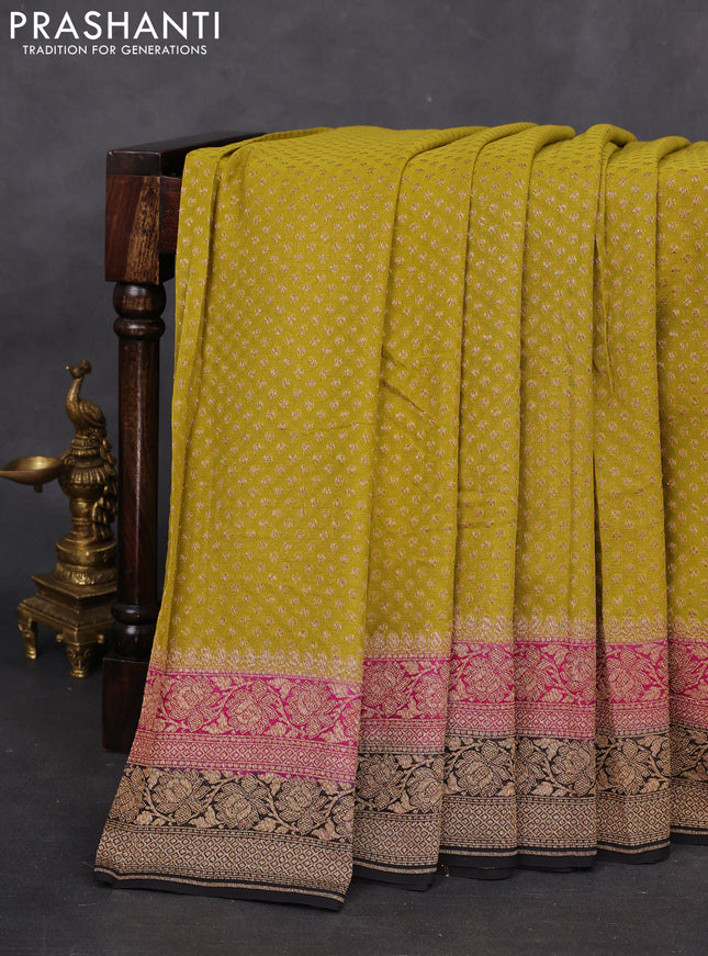 Banarasi georgette saree lime green and pink black with allover woven buttas and woven border
