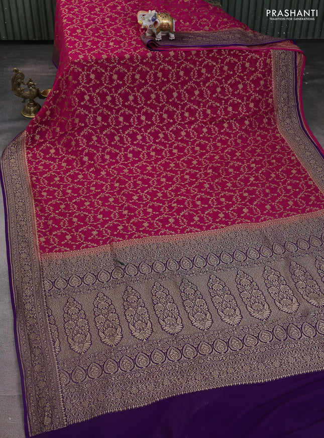 Banarasi georgette saree pink and violet with allover thread & zari weaves and woven border