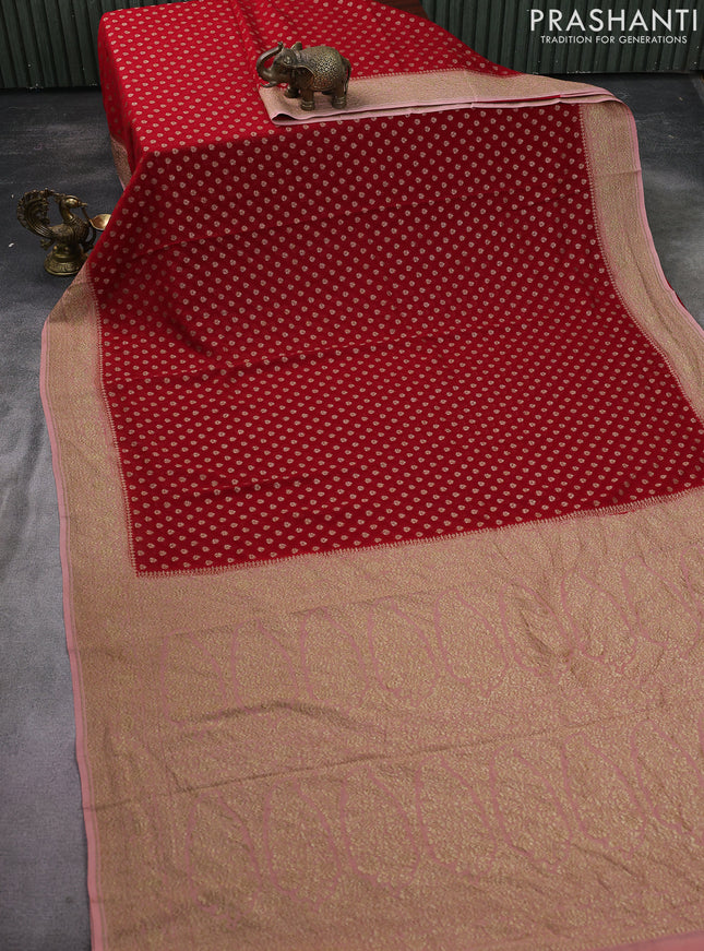 Banarasi georgette saree red and peach shade with allover woven buttas and woven border