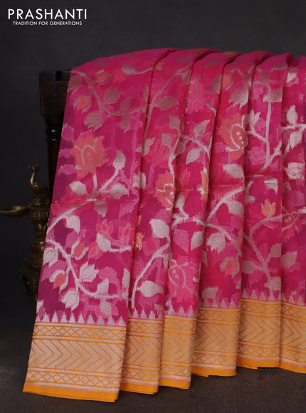 pink and mango yellow Banarasi kora jamdhani silk saree