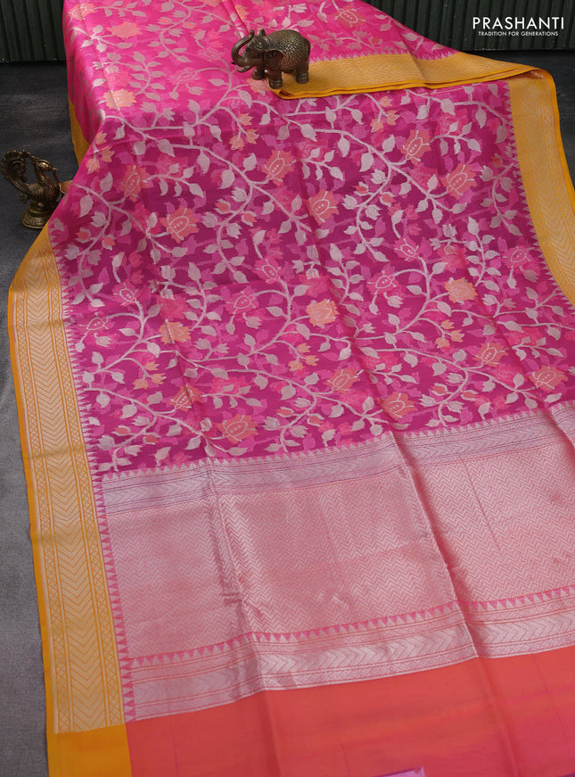 pink and mango yellow Banarasi kora jamdhani silk saree