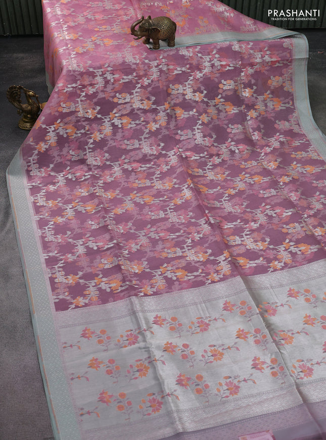 pastel pink and teal blue Banarasi kora jamdhani silk saree