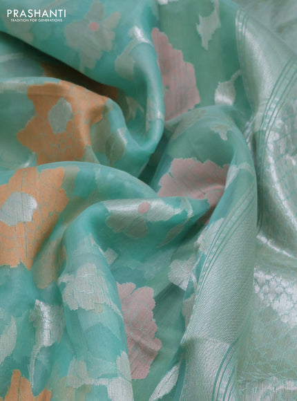 teal green shade and pastel green Banarasi kora jamdhani silk saree