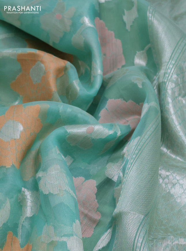 teal green shade and pastel green Banarasi kora jamdhani silk saree