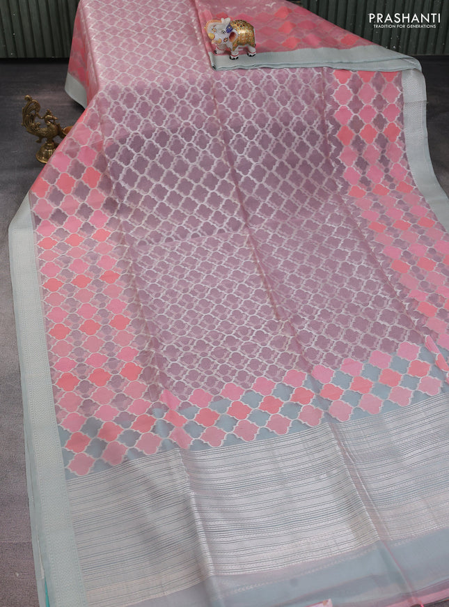 baby pink and teal blue Banarasi kora jamdhani silk saree