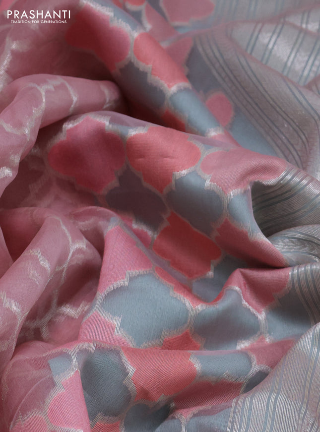 baby pink and teal blue Banarasi kora jamdhani silk saree