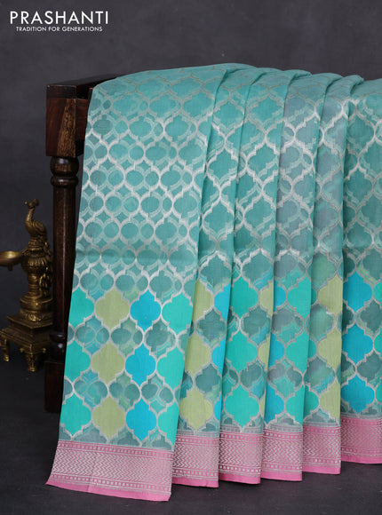 teal blue and peach pink Banarasi kora jamdhani silk saree