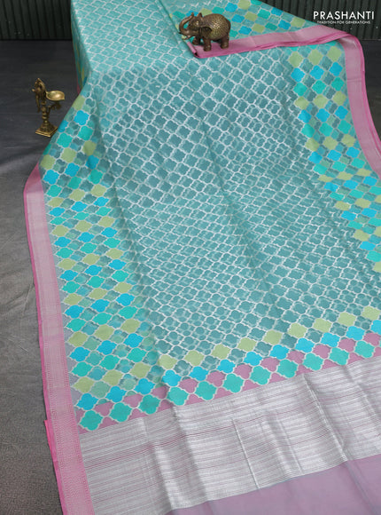 teal blue and peach pink Banarasi kora jamdhani silk saree
