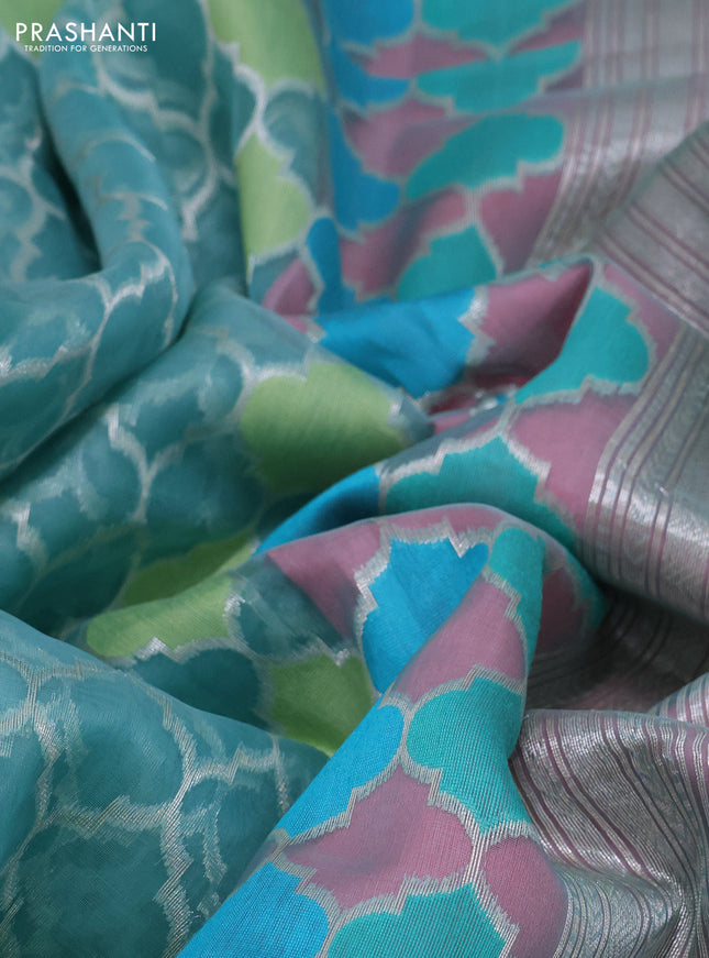 teal blue and peach pink Banarasi kora jamdhani silk saree