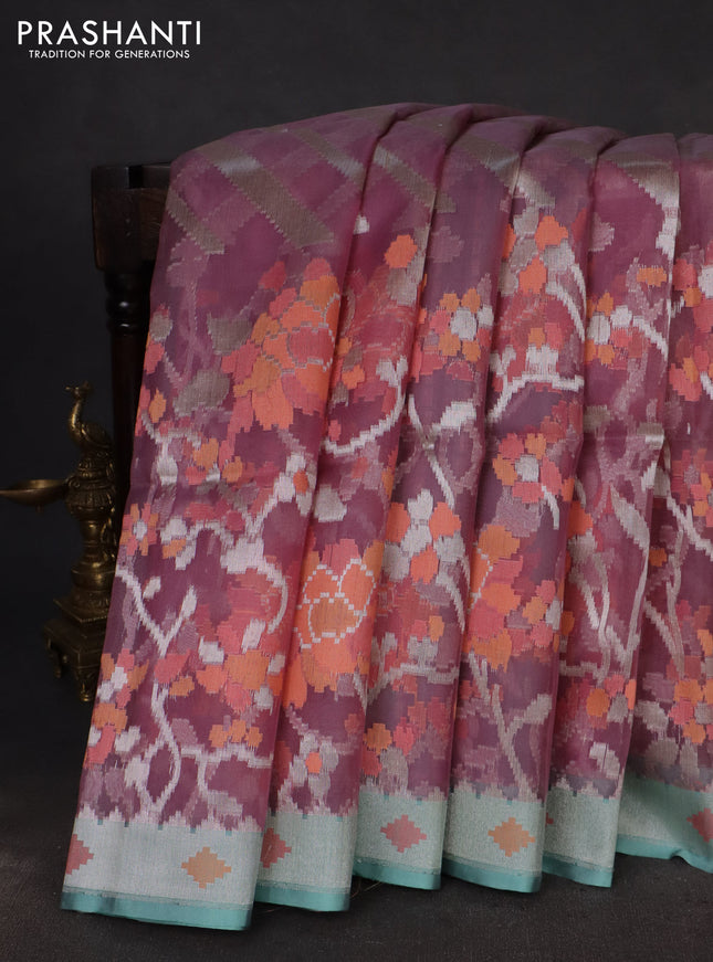 mauve pink and teal blue Banarasi kora jamdhani silk saree