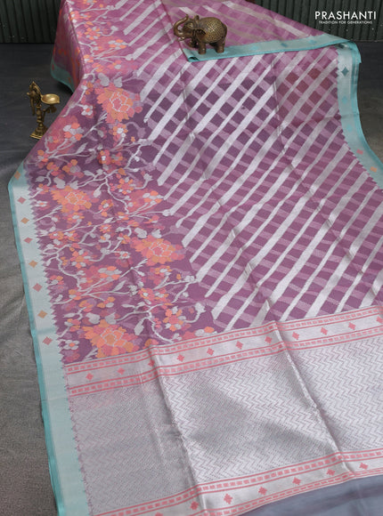 mauve pink and teal blue Banarasi kora jamdhani silk saree