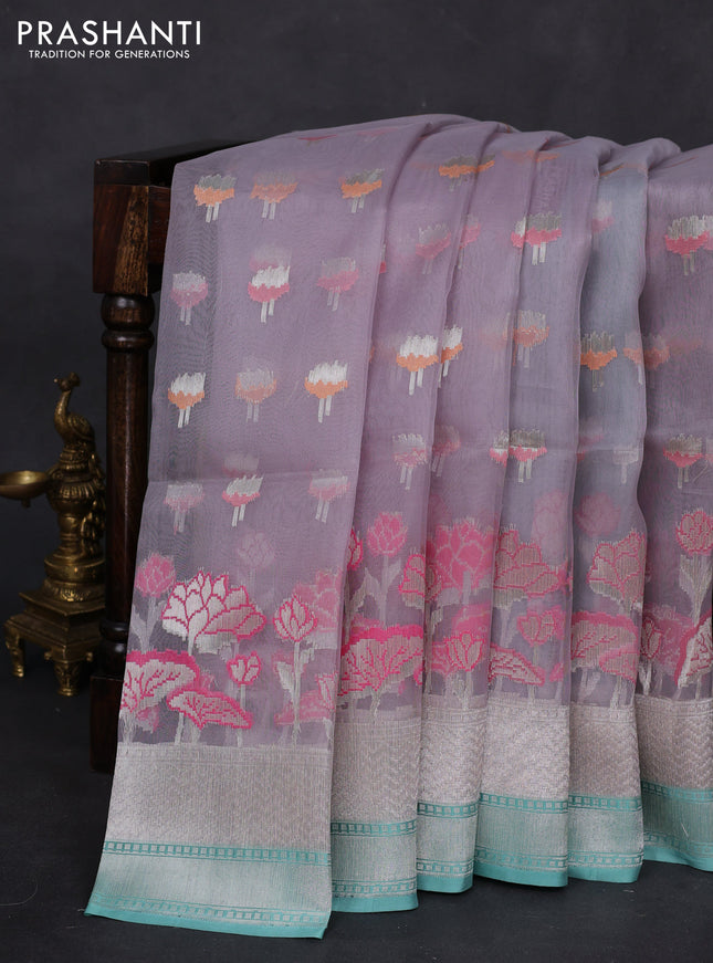 grey and teal blue Banarasi kora jamdhani silk saree